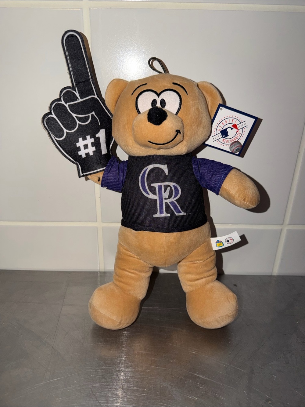 MLB Colorado Rockies Plush Teddy Bear in Black and Purple with Foam #1 Finger